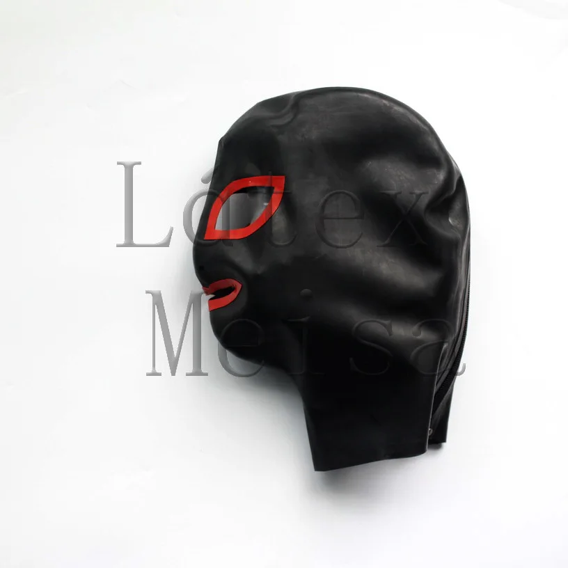 

Unisex Latex hoods rubber masks open eyes nostrils and mouth in black with red trim color