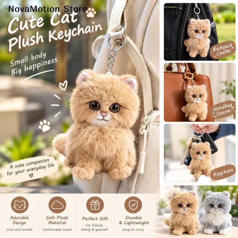 [NM]Cute Cartoon Kitten Pendant Cat Keychain Metal Clip Furry Texture Soft Realistic Kitten Shape Bag Charm Animal Keychain Gift
