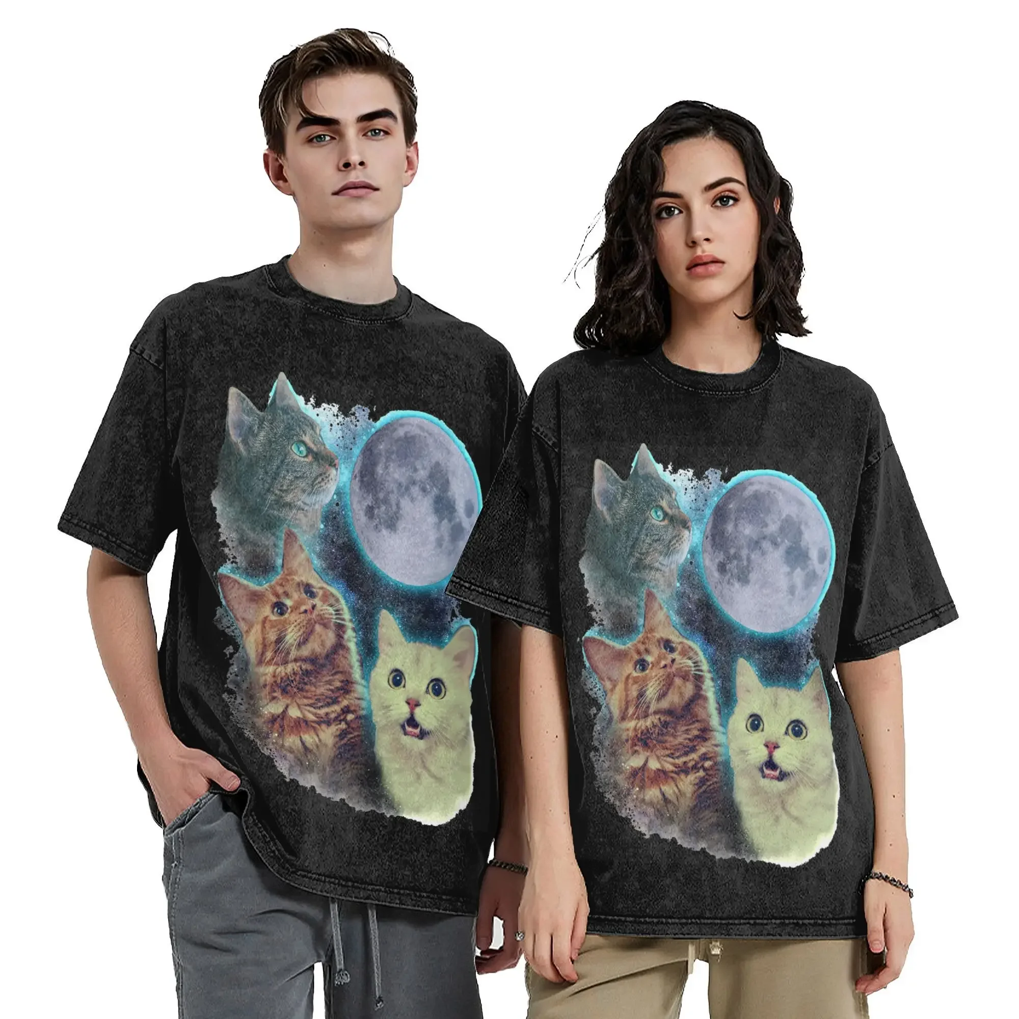 Oversize Three Cats Moon Parody Apparel T-Shirts for Men Women Humor Cat Meme Cotton Washed Tee Shirts Clothes