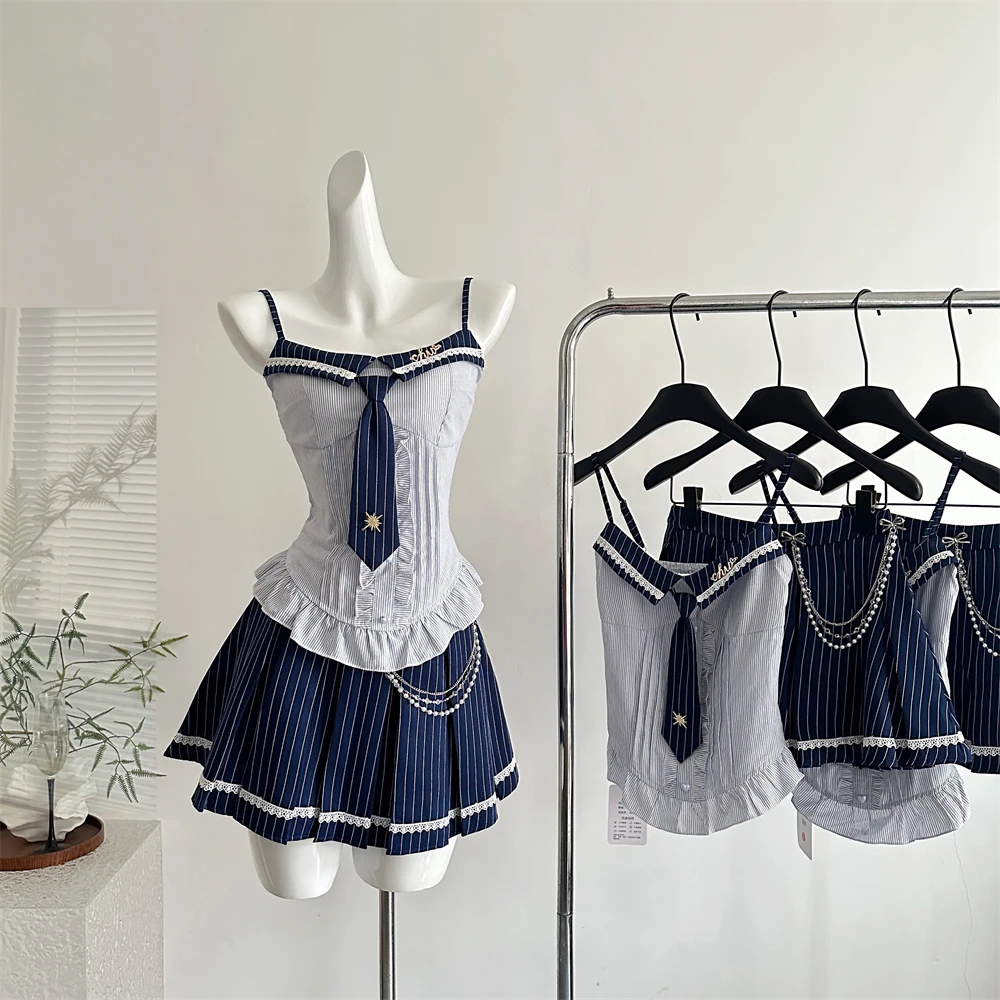 

Summer Women Harajuku Y2k Kpop Preppy Coquette Idols JK Fashion 2000s Outfits 2 Piece Set Striped Camisole + Mini Pleated Skirt