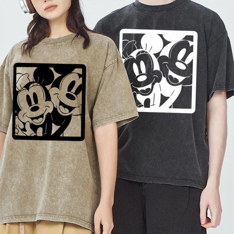 

Vintage Washed Mickey Mouse T-Shirt Oversized Casual Streetwear Tee Couple Mickey Minnie Mouse Graphic T-Shirt Men Women