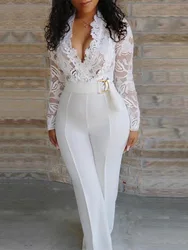 Combinaisons Blanches en Dentelle pour Femme, Pantalon à Manches sulf, Col en V, Jambes Larges, avec Ceinture, Barboteuse Mono, Offre