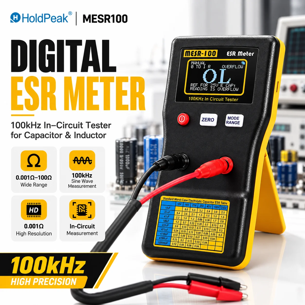 Digital ESR Meter 100kHz Capacitor Tester Auto Range In-Circuit Low Resistance Ohm Meter 0.001-100Ω for Electronics Repair