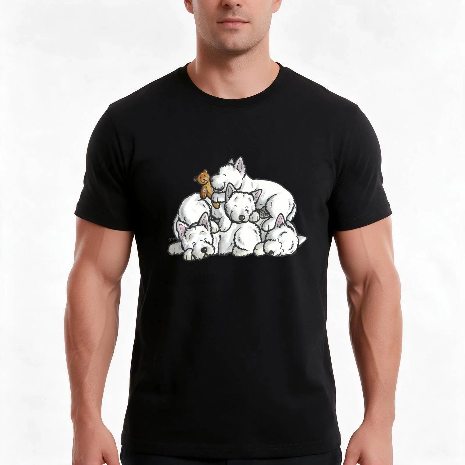 Sleeping pile of Westies T-Shirt, Summer Casual Cotton Tee, Oversized Streetwear Tops, Vintage Graphic Print, Unisex Men Women