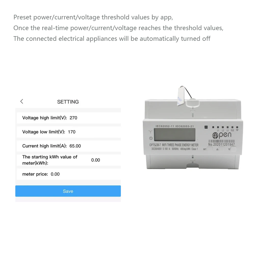 Open Electric Tuya Smart three phase Wifi/RS485 energy Meter din rail current voltage power display wifi smart energy meter