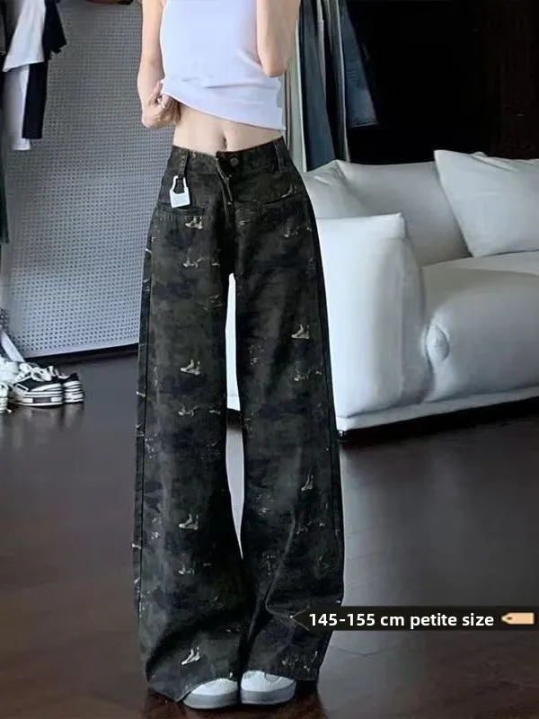 

High Waist Wide Leg American Retro Camouflage Denim Pants Women's Spring Autumn Loose Drapey Knife Jeans plus Size