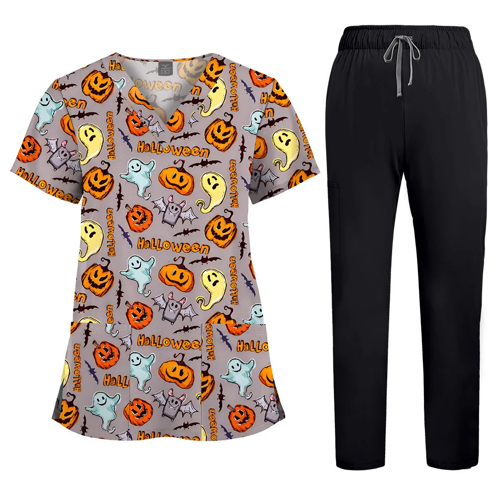 Set per il lavaggio delle mani stampato Pantaloni dritti elastici sottili in tinta unita Abiti da infermiera per spa ospedaliero Temu