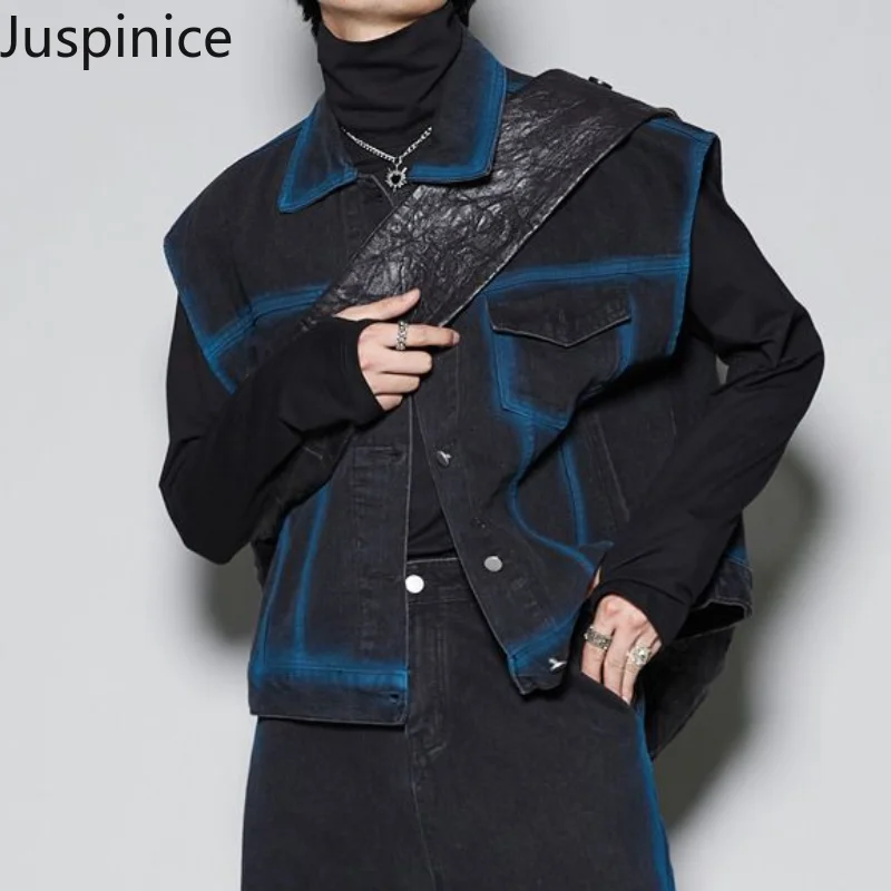 

Autumn Niche Gradient Distressed Vest Jacket Jeans Suit Men's High Street Casual Jackets Straight Wide Leg Pants Male Clothes