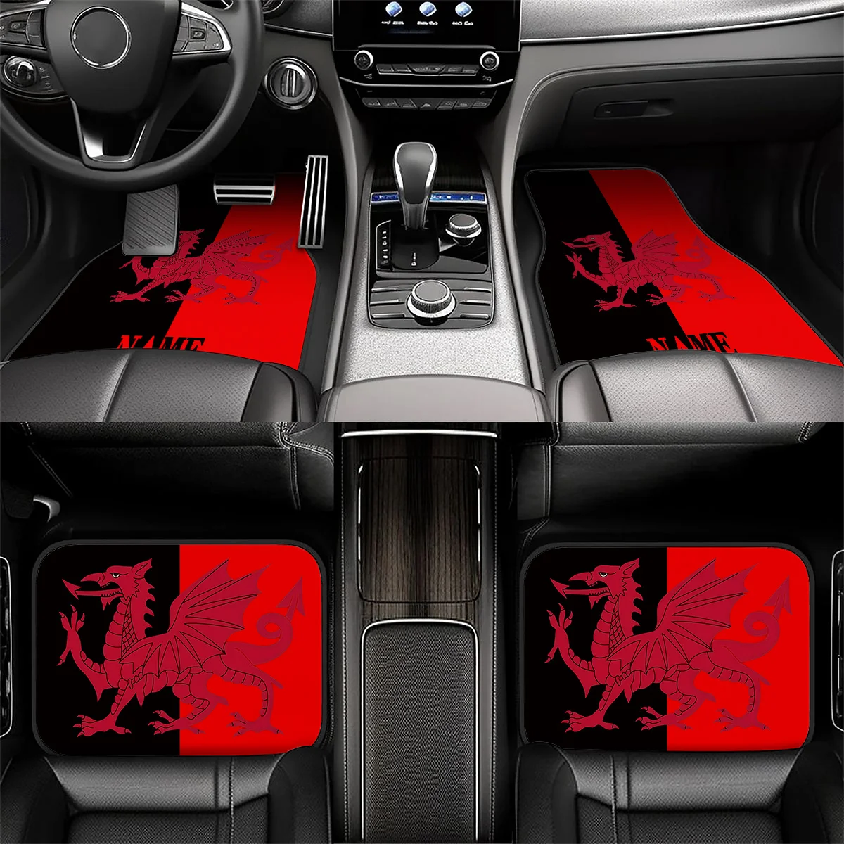 4pcs Customizable Name Car Mats Featuring A Welsh Dragon Theme Design - The Perfect Gift For Men/Women - Easy To Clean Automotiv