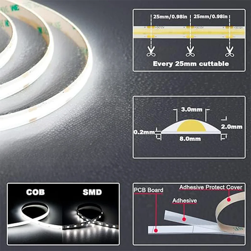 FCOB LED Strip Light 320 384 528 LED High Density Flexible FOB COB Led Light RA90 Warm Nature Cool White Linear Dimmable 12V 24V