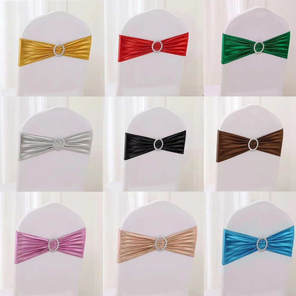 10/50/100pc Wedding Chair Decoration Chair Sashes Bow Shiny Metallic Chair Knot Bands Tie With Round Buckle For Party Banquet