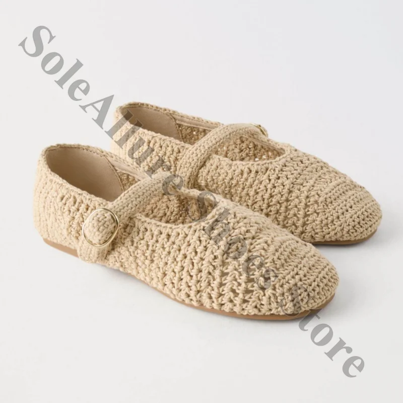 Open Weave Mary Jane Flats Shiny Gold Woven Upper Round Toe Buckle Strap Lightweight Boho Chic Everyday Ballet Style Flats
