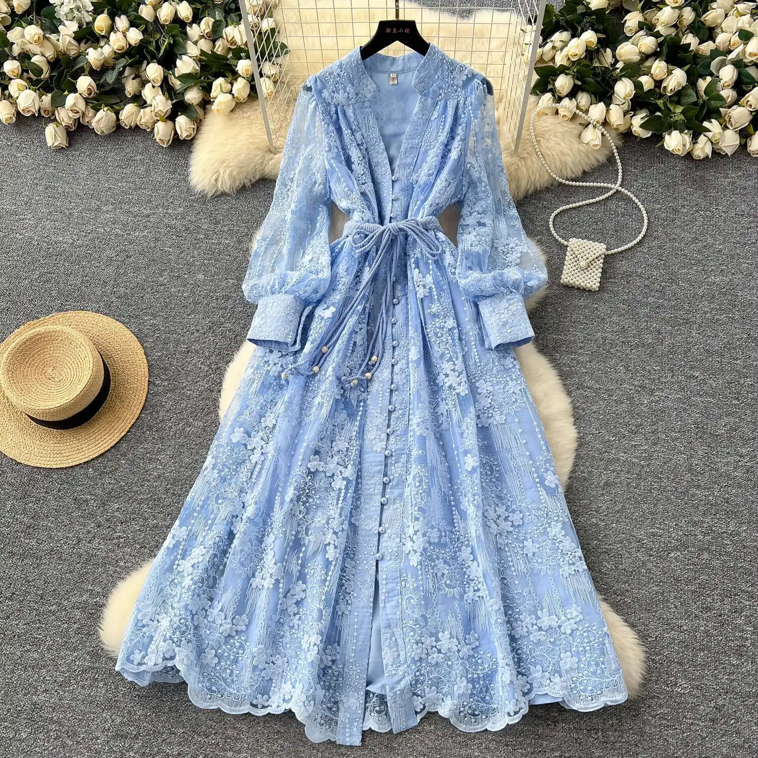 Luxury Embroidery Formal Dresses Women Summer Autumn Lantern Long Sleeve Lace Vestidos Pearl Prom Evening Birthday Dress Party