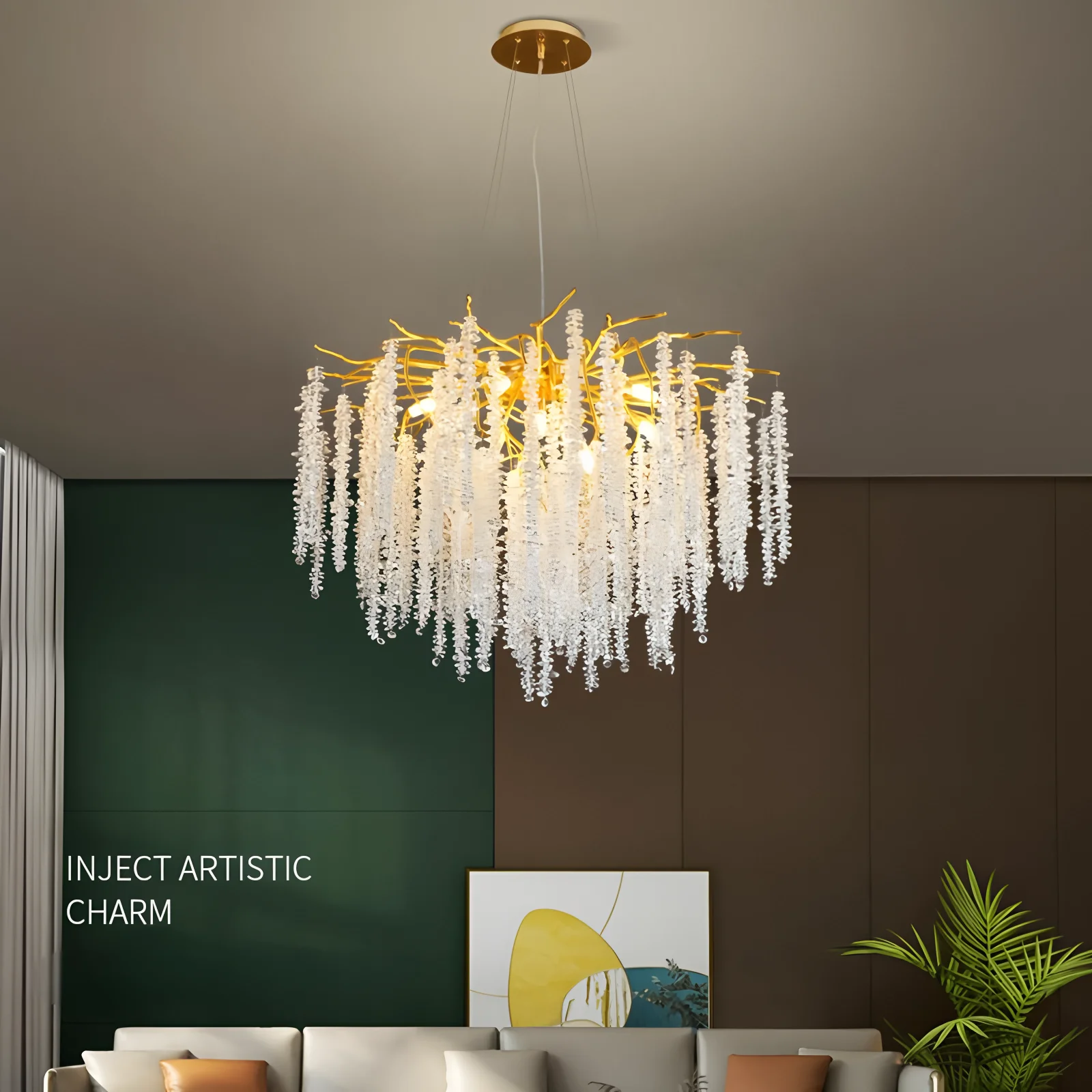 Modern Luxury Golden Branch Tassel Crystal Chandelier LED Decorative Hanging Lights Living Room Duplex Hotel Villa Lobby Lights