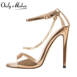 Onlymaker Womens Sandals Gold Beaded Chain Ankle Strappy Stilettos12cm High Heel Sandals Open Toe Single Band Pearl Sexy Heels