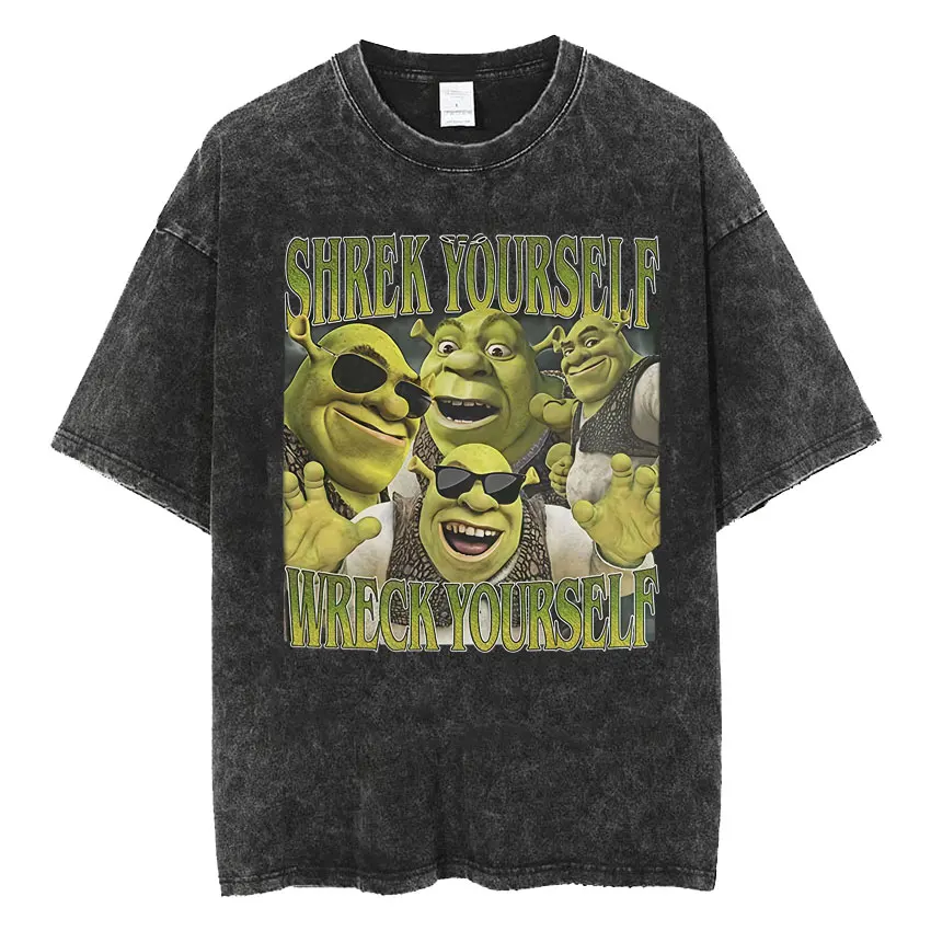 Funny Shrek Yourself Wreck Yourself Meme T Shirts Men's Clothing Vintage Washed T-shirt Casual Comfort Cotton T Shirt Streetwear