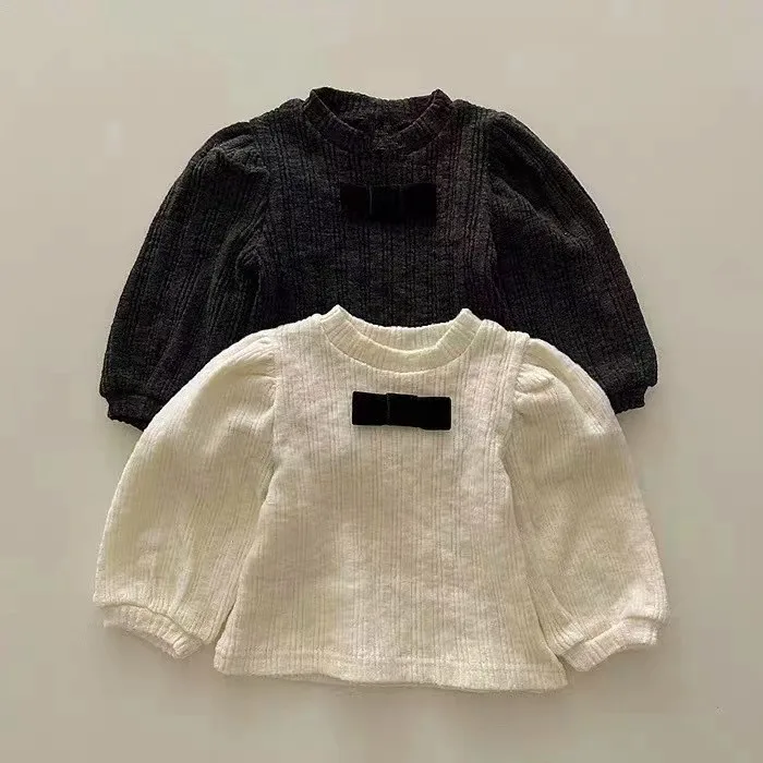 

Baby Clothing 2024 Spring and Autumn Solid Color Bow Strip Bubble Long Sleeve Base Shirt Sweet Princess Casual Simple Blouse