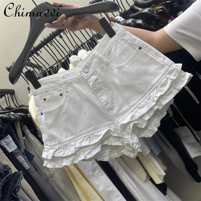 Summer New French Retro Double Layer Fungus Lacework Denim Shorts Fashion Women's Slimming Pants Hot Girls Wide Leg Pants