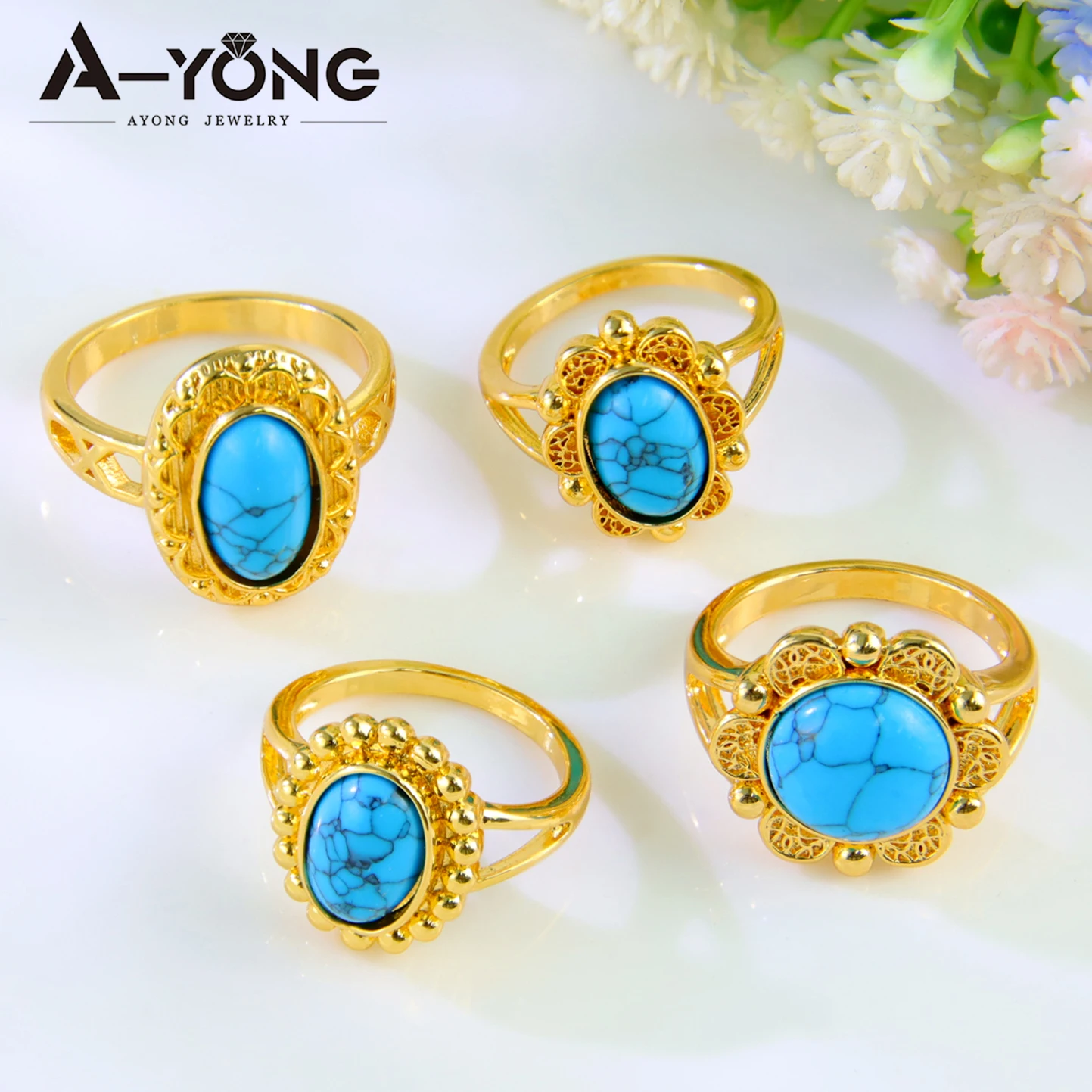 Luxury Turquoise Gold Color Rings 21k Gold Plated Vintage Arab Elegant Cocktail Ring Italian Dubai Women Party Jewelry Gift