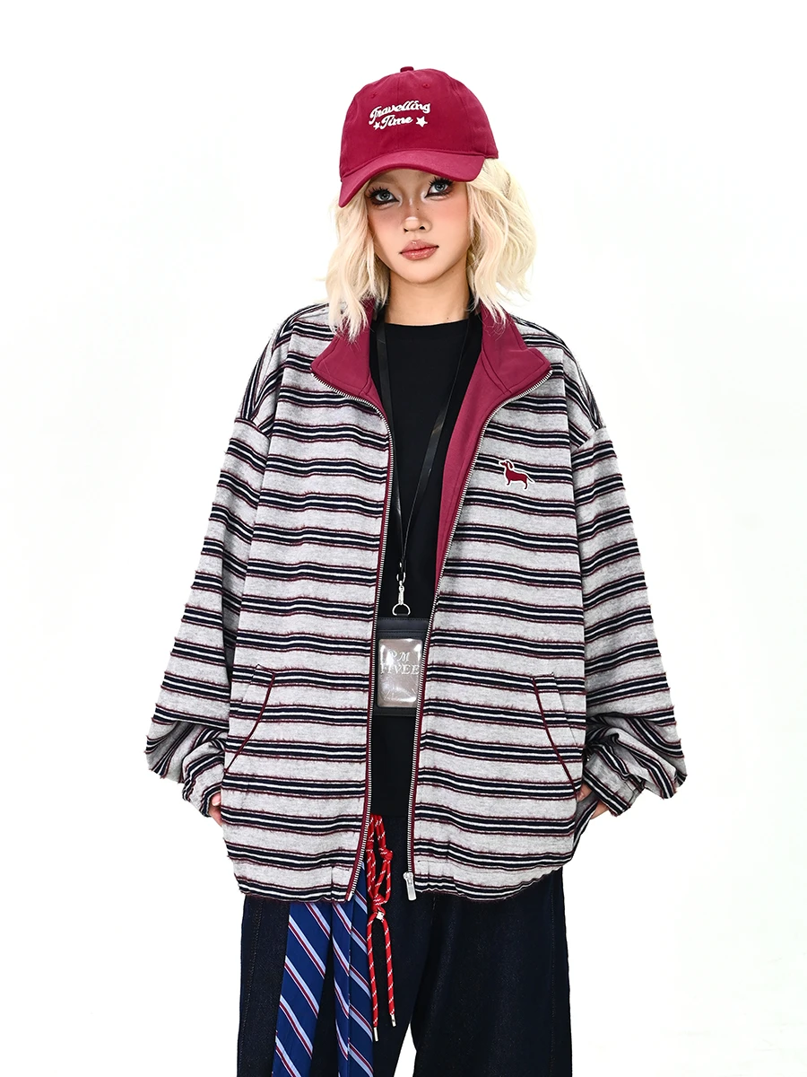 

Повседневная полосатая куртка с воротником-стойкой, женская свободная куртка BF для американского колледжа, модная верхняя одежда для пар, весна 2026, Новое поступление