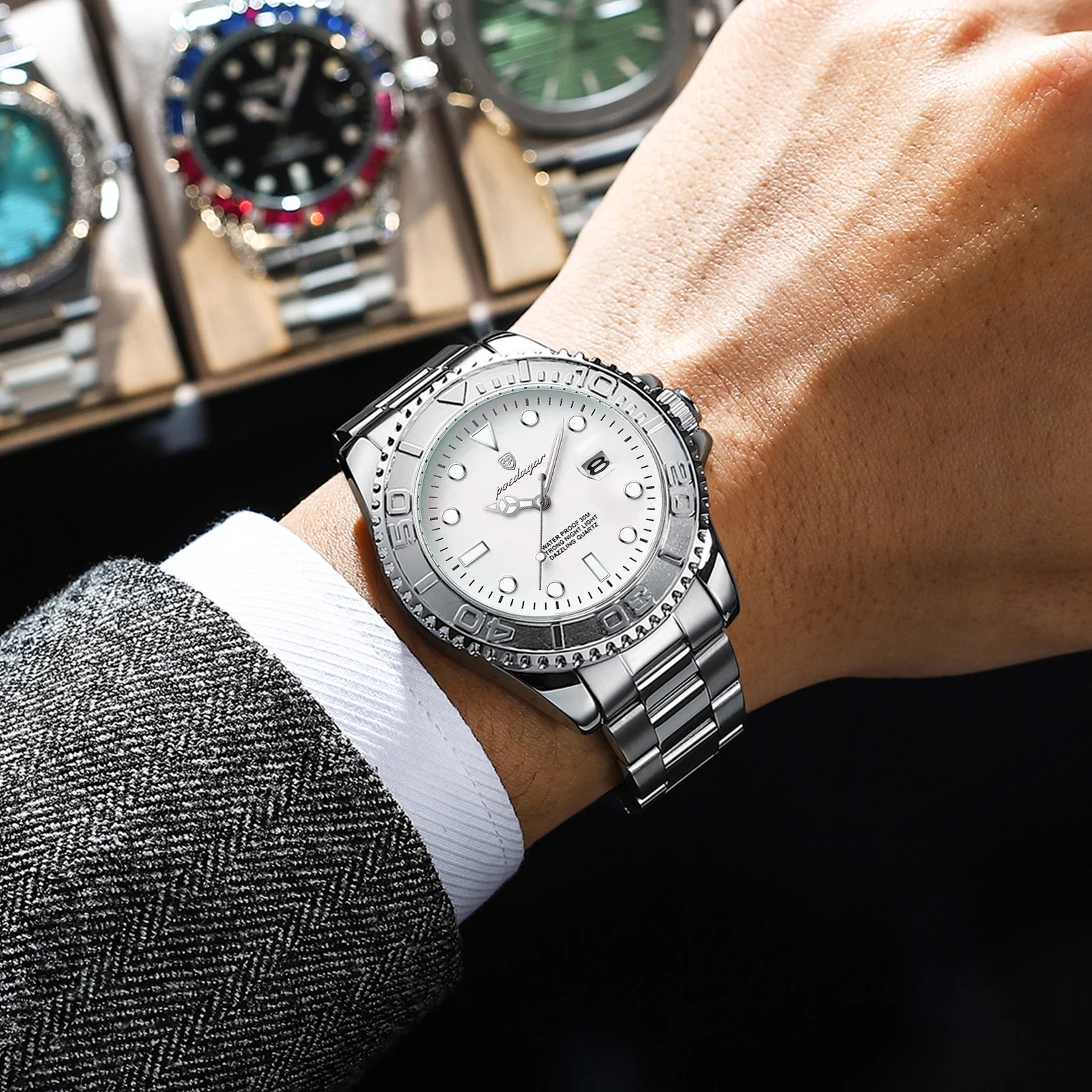 POEDAGAR ساعة رجالية عسكرية فاخرة مقاومة للماء مضيئة تاريخ رجل الفولاذ المقاوم للصدأ ساعة عالية الجودة رجال الأعمال ساعات كوارتز