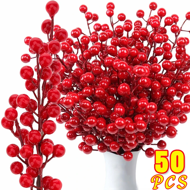 50-1PCS Artificial Red Berries Stems Simulation Christmas Holly Berry Branches DIY Wreath Xmas Tree Party Home Table Ornaments