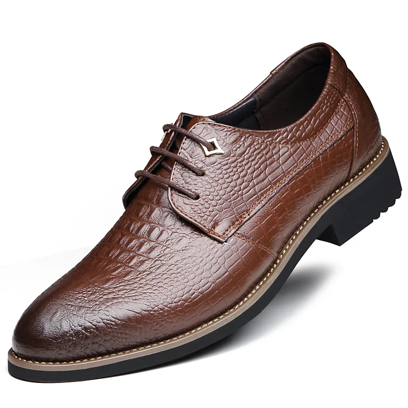Men's Pointed Lace-up Leather Crocodile Pattern Men's Leather Shoes Men's Casual Leather Shoes Professional Dress Shoes Brown