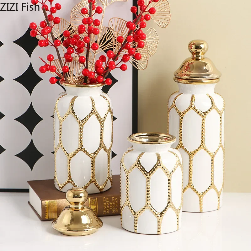 

Golden Stripes Cylinder General Tank Ceramic Storage Jar with Lid Desktop Flower Arrangement Jewelry Jars Cosmetic Container