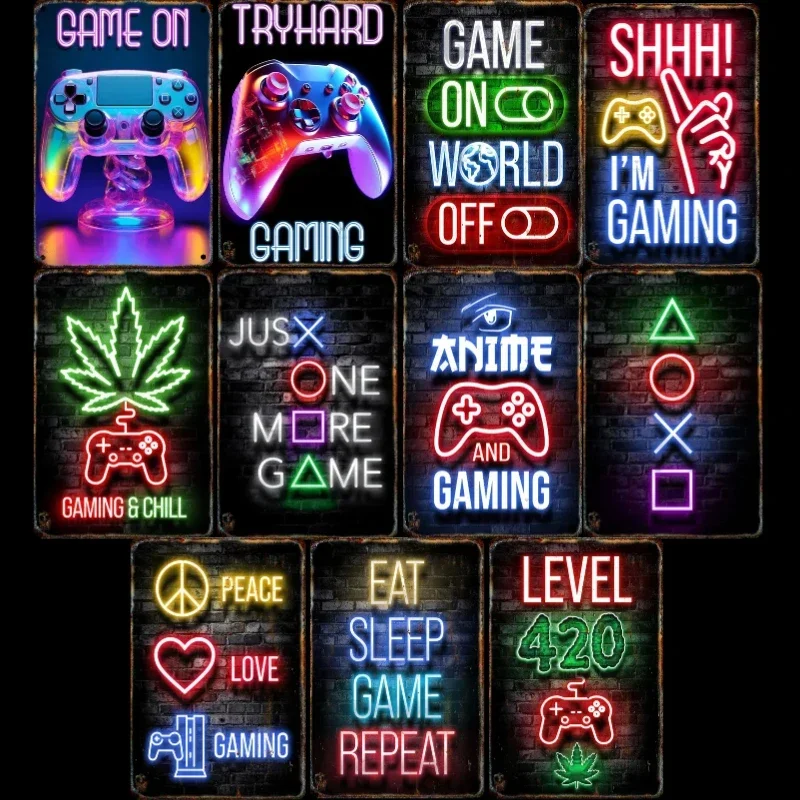 

Neon Gaming Gamer Metal Poster Signage Tin Painting Vintage Plaque Mural Home Children's Room Game Room Wall Art Decor Panels