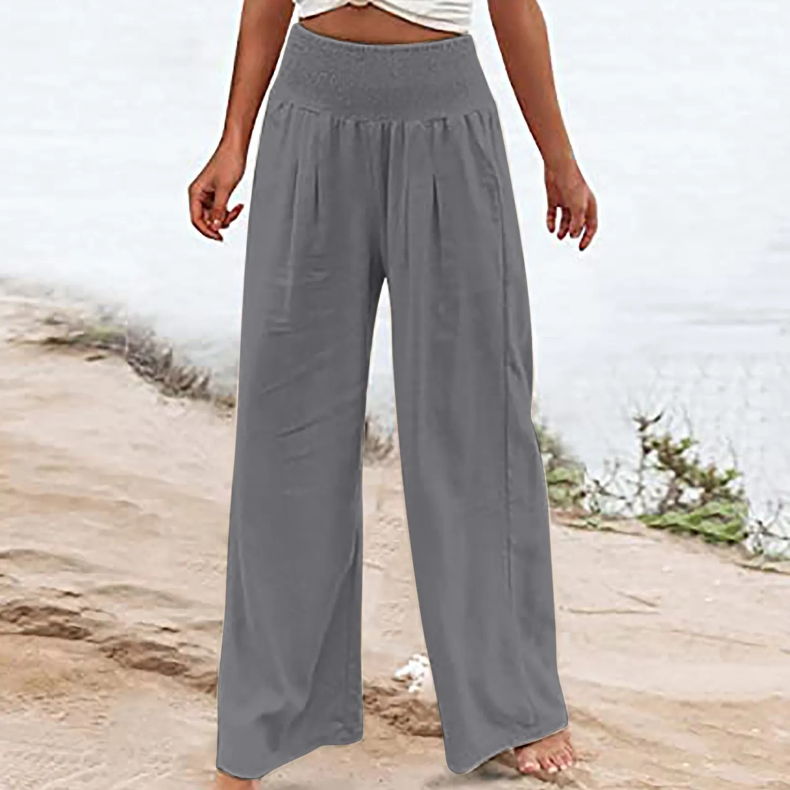 

Elegant Women's Cotton Linen Pants Summer Solid Color Elastic High Waist With Pocket Wide Leg Trousers Lady Retro Streetwear