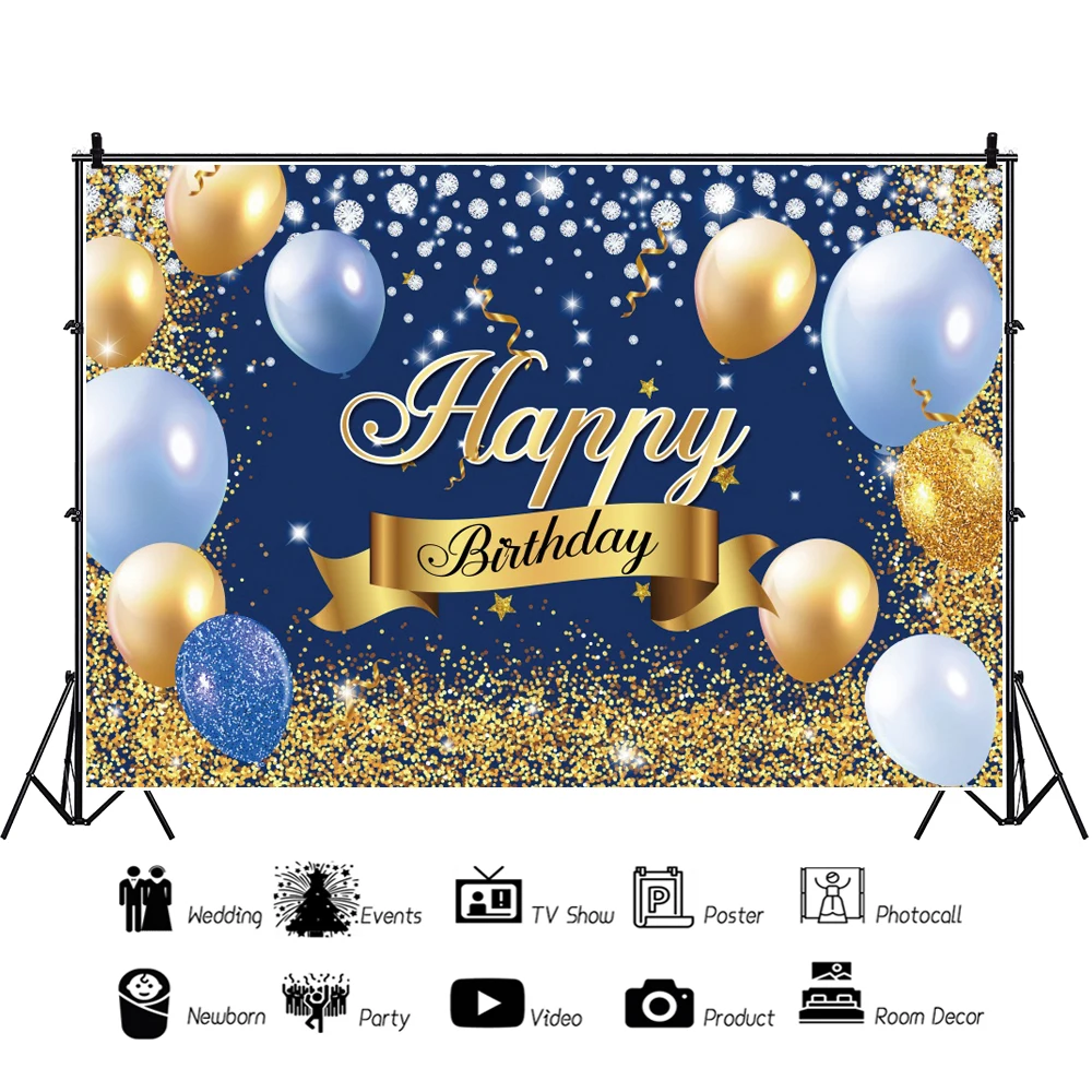 Laeacco Blue And Gold Happy Birthday Backdrop Glitter Golden Dots Diamonds Balloons Women Girls Portrait Photography Background