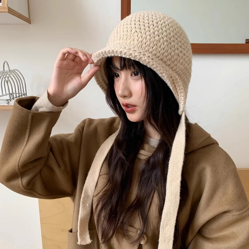 

New Korean Simple Solid Color Knitted Strap Pullover Hats Women Autumn Winter Casual Warm Versatile Atmosphere Sweet Beanies