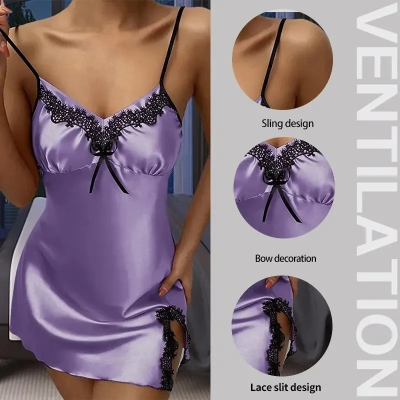 Summer Women's Deep V Sexy Sleeveless Pajamas Women's Lace Side Slightly Open Sling Straps Solid Color Dress Pajamas