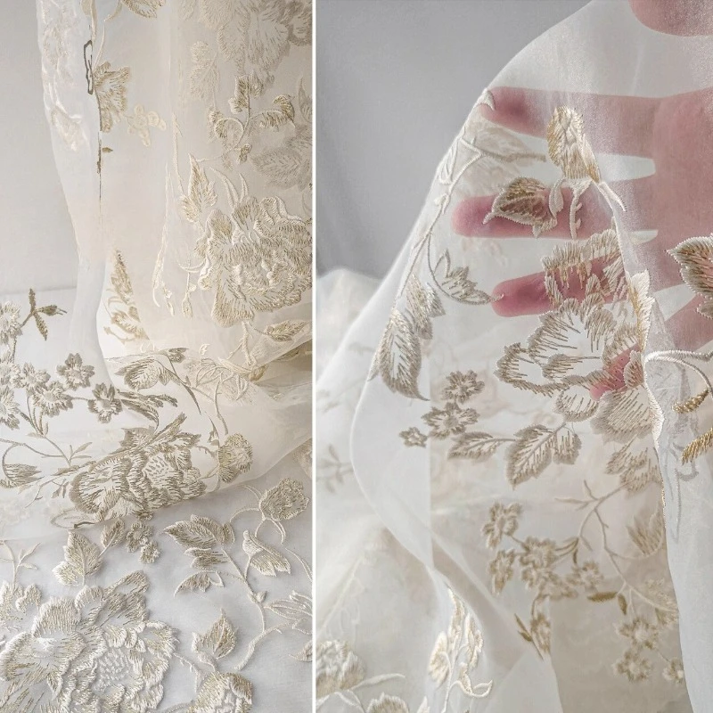 Rose Blossom Embroidery Mesh Fabric Hanfu Transparent and Elegant Retro Half Skirt Lightweight Clothing Designer Fabric
