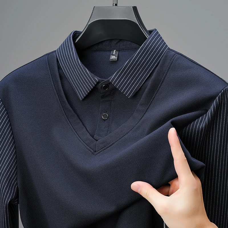 

Высококачественная брендовая мужская футболка с имитацией двух частей с длинным рукавом Новинка весна-осень 2024 полосатая деловая Повседневная рубашка с воротником пуловер