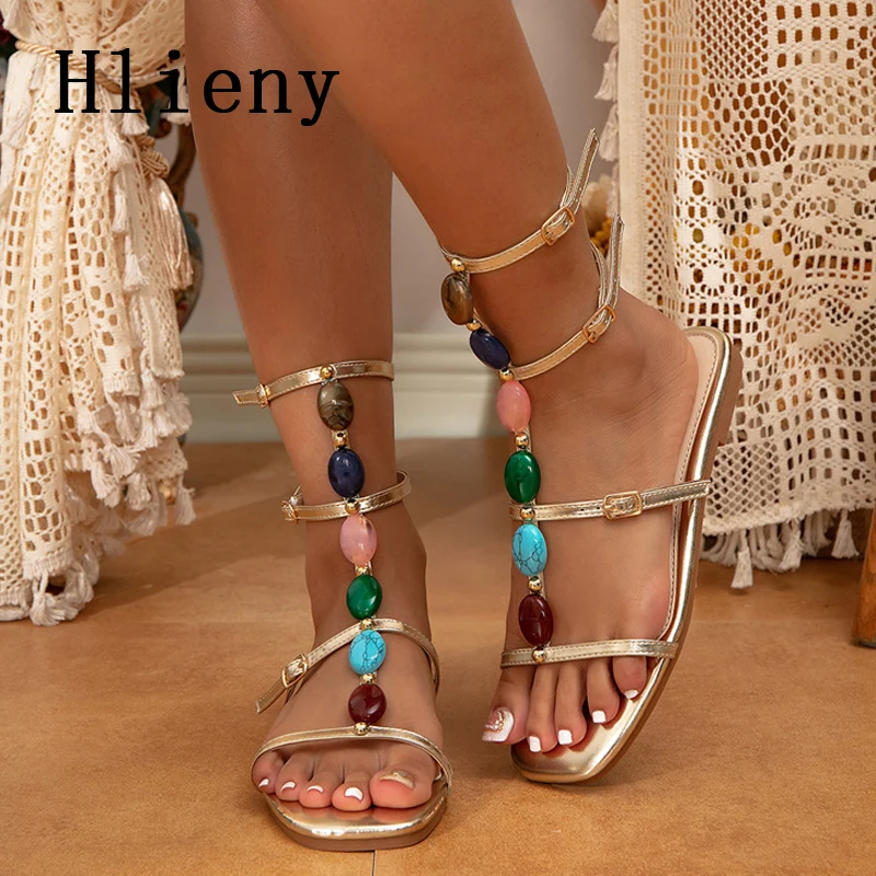 Hlieny Roma Gladiator Flats Heels Womans Sandals 2024 Summer Beach Fashion Open Toe Buckle Strap Casual Shoes Golden