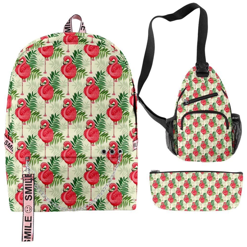 

Trendy Youthful Flamingo 3pcs/Set Backpacks 3D Print Oxford Waterproof Notebook multifunction Backpack Chest Bag Pencil Case