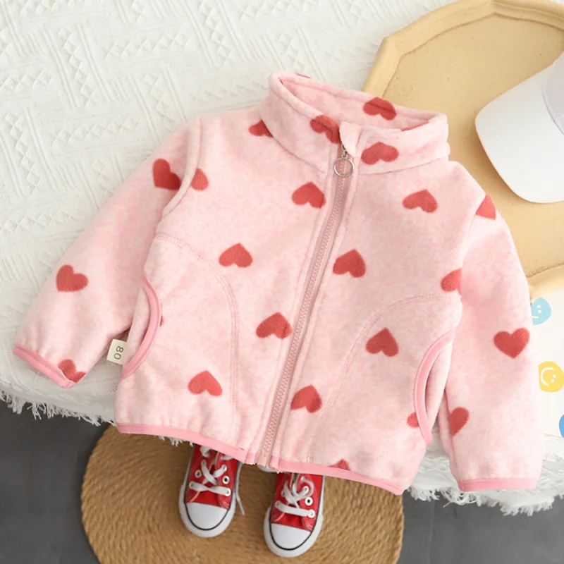 Spring and Autumn Boys and Girls New Lion Bow Love Cartoon Print Long Sleeved Cartoon Cute Shake Fleece Coat