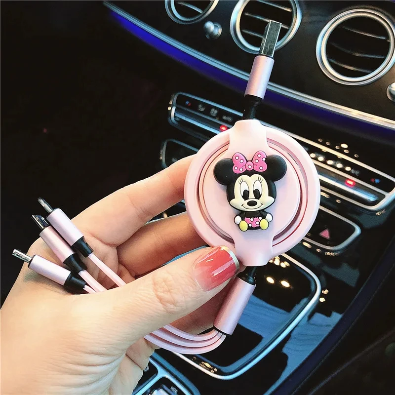 MINISO Mickey Mouse Telescopic Car Data Cable One Drag 3 In 1Charger Multi functional Car Fast Charging Type-C Apple Android