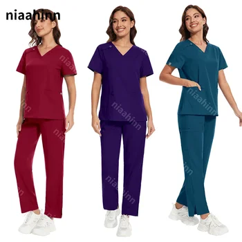 Niaahinn-ملابس جراحية مرنة للنساء ، زي عمل غرفة العمليات ، بدلة الدعك ، الملحقات الطبية ، زي موحد لمختبر التجميل