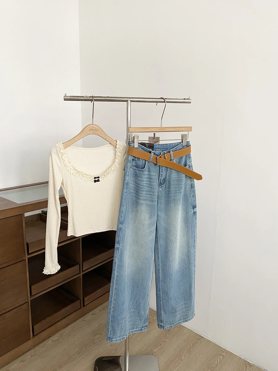 

Джинсы женские с высокой талией, широкими штанинами, свободного кроя, в стиле ретро, модные, универсальные, весна 2026, корейский стиль, для повседневной носки