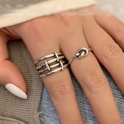 

Real 925 Sterling Silver Line Knot Geometric Opening Ring for Women Vintage Fine Jewelry Minimalist Light Luxury Accessories