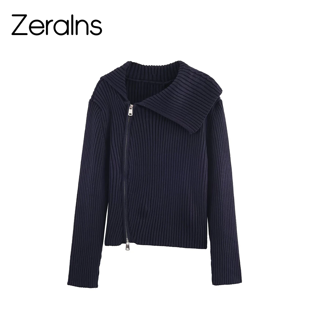 

ZERAINS Осенний новый продукт, супер красивый облегающий дизайн, трикотажная куртка с длинными рукавами и ребристыми лацканами на молнии