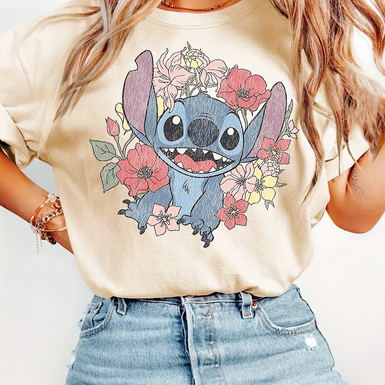 Disney  Stitch Pattern T-Shirt Cotton Men's Women Streetwear Casual Trendy Oversized Loose Short Sleeve Unisex Event Outfit