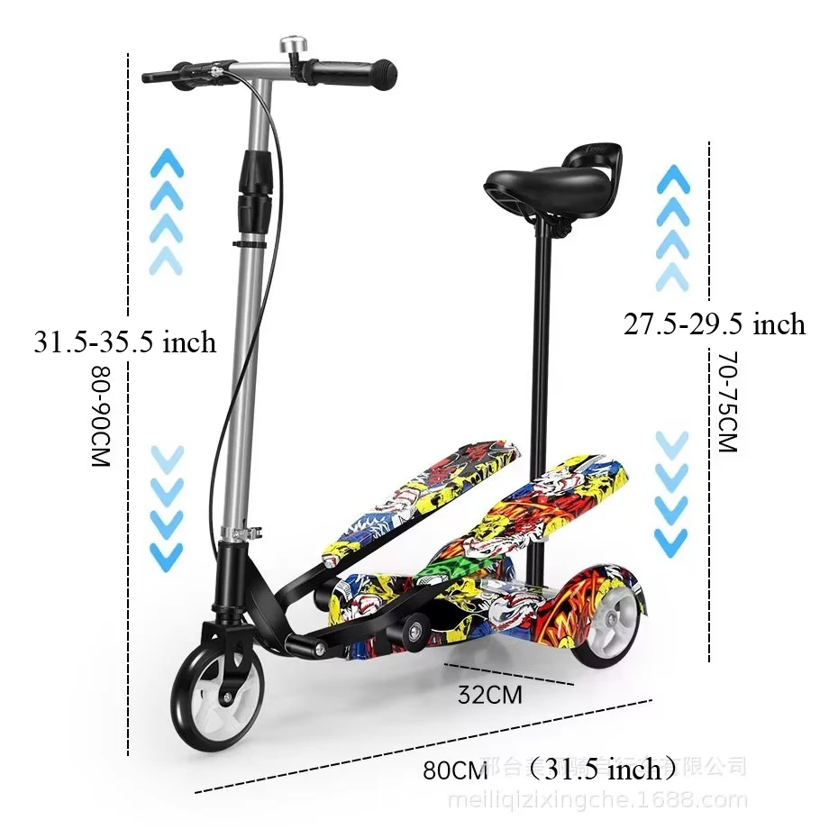 Scooter infantil movido a pedal com assento removível, scooter colorido dobrável de 3 rodas