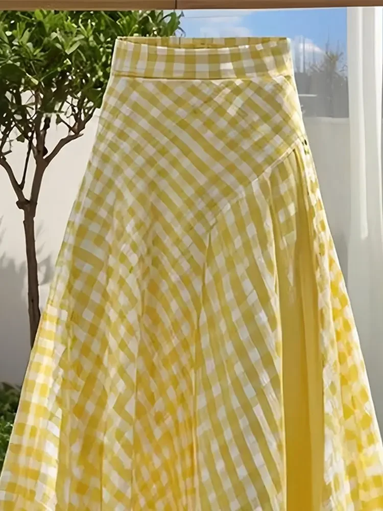 Dopamingelber langer Rock mit kariertem Design für Damen im neuen modischen Stil