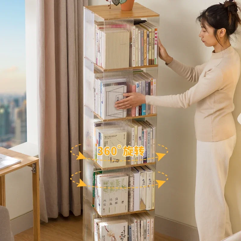 360 degree rotating bookcase, transparent bookcase, children's picture book storage shelf, simple floor shelf for home students