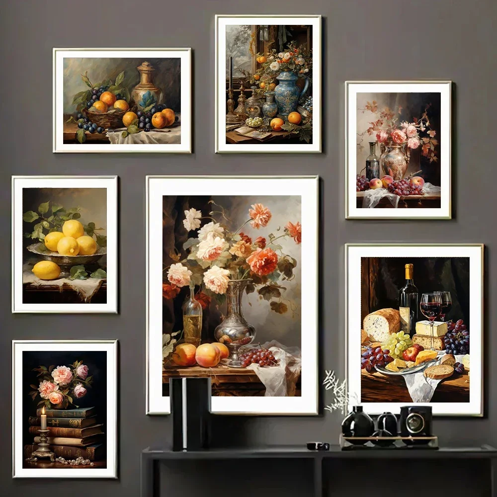 Dark Vintage Still Life Poster Prints For Living Room Home Decor Victorian Retro Flowers Fruits Picture Canvas Painting Wall Art