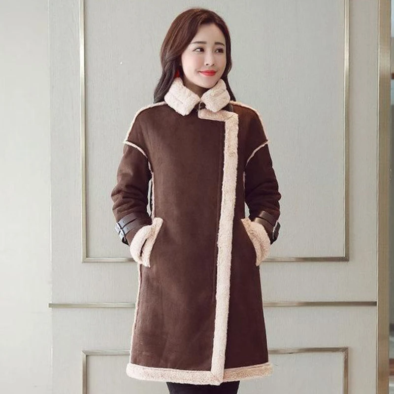 2024 Women\'s Winter Korean Plus Velvet Deerskin Velvet Fur One Lamb Fur Outwear Mid-Length Thick Cotton Coat Female