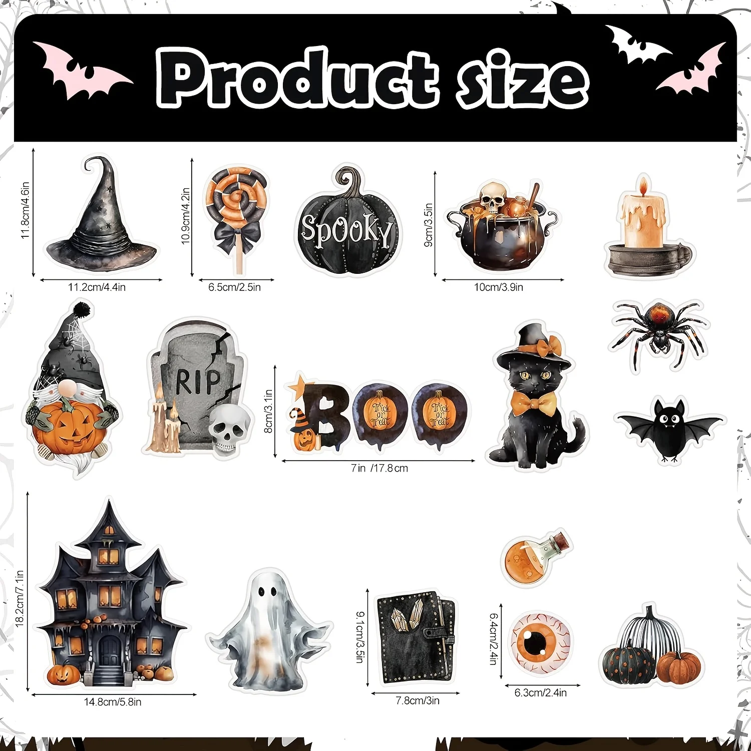 17Pcs Halloween Watercolor Pattern Magnets, Ghoul Skeleton Bat Spider Black Cat Stickers, Home Gathering Garage Door Decor